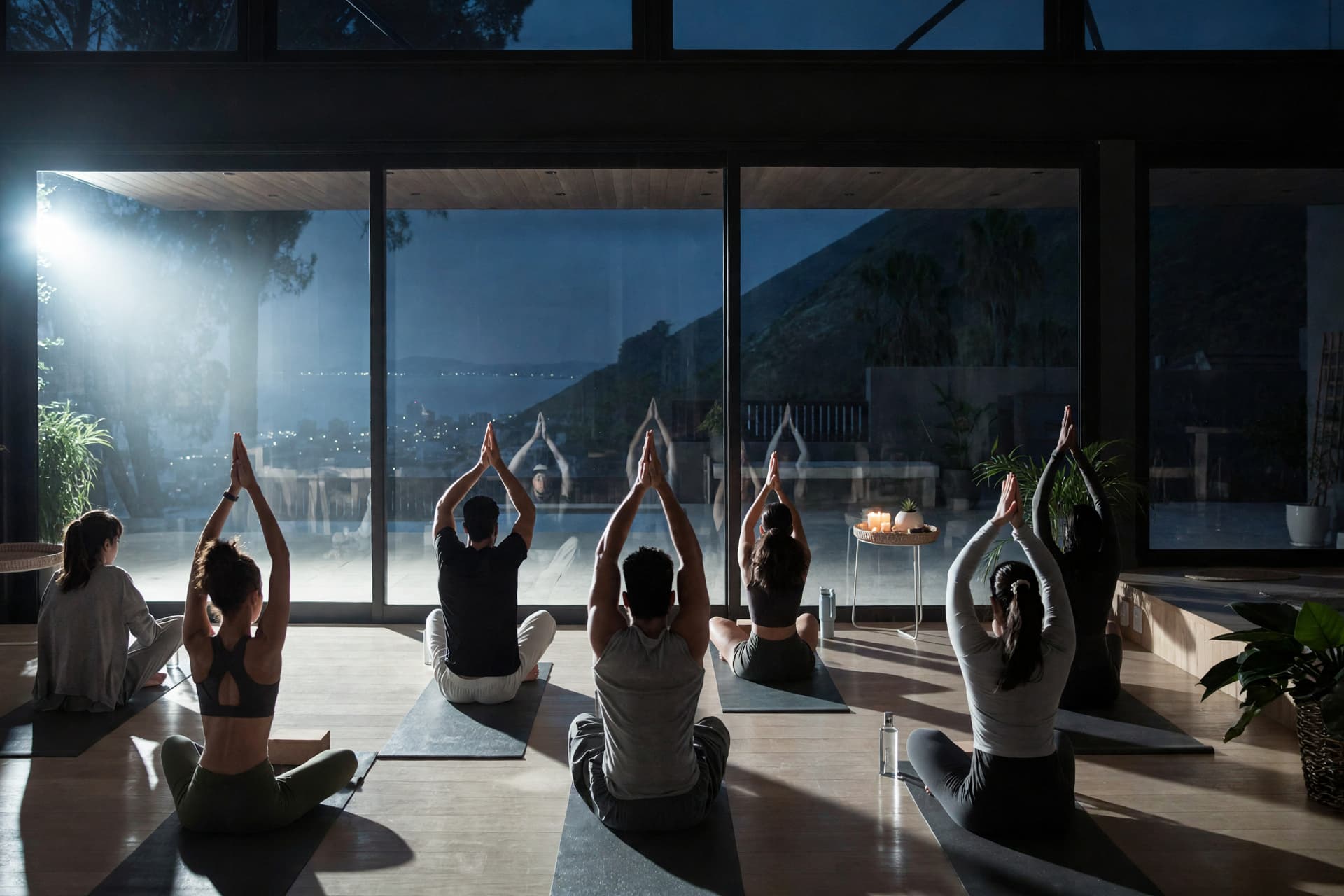 A group wellness and therapy session in a bright practice room with warm natural light
